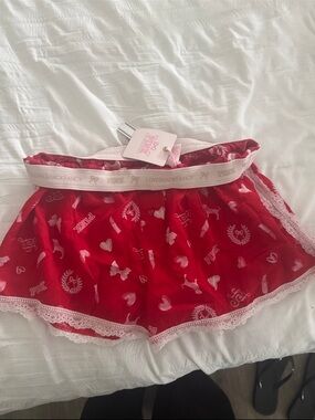 LoveShackFancy Red Satin Logo & Heart Lounge Shorts